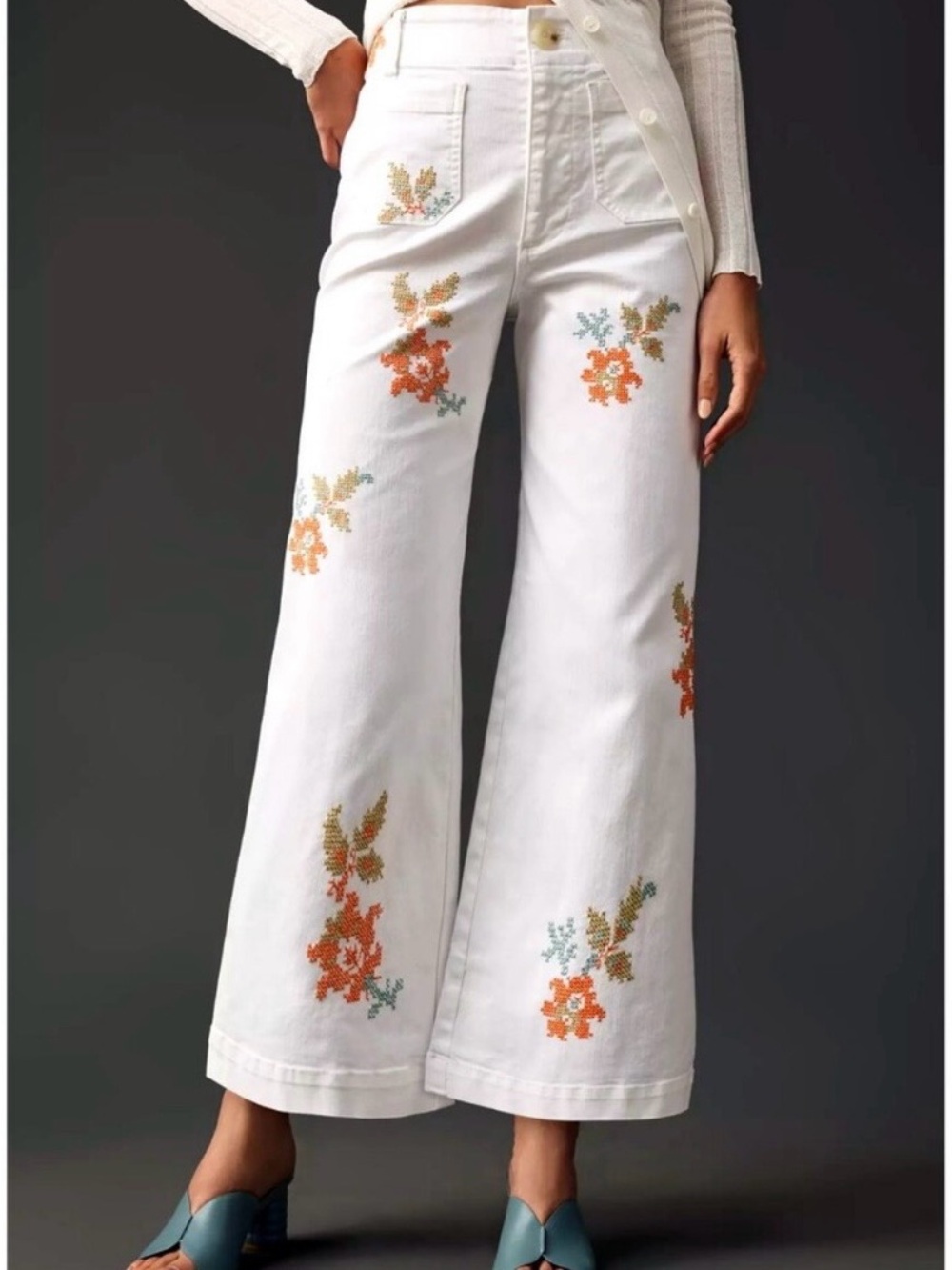 Anthropologie Maeve Collette White Floral Embroidered Wide-Leg Jeans, Sz 30